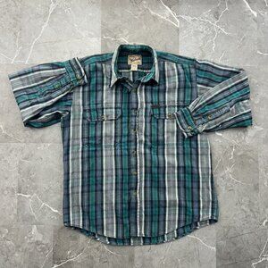 Vintage Woolrich Shirt Mens Large Green Gray Plaid Long Sleeve Distressed
